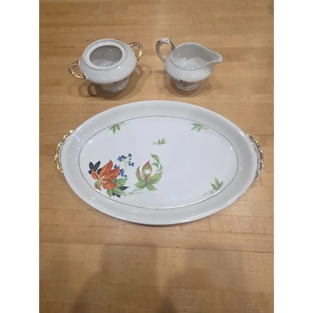 Antique Porcelain Creamer Sugar Bowl Platter Set 3 AMC Germany Autumn Leaf Gold